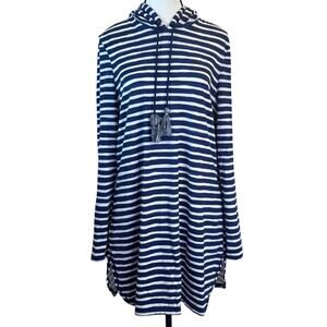 Women Cover-up Beachwear Navy/White Striped Hooded Tunic Dress LS Casual Large